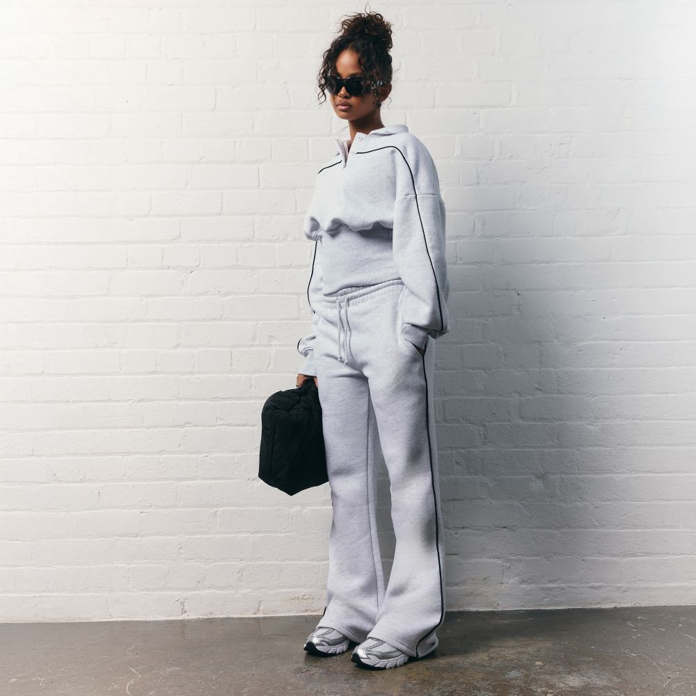 Mid Rise Contrast Piping Detail Wide Leg Joggers In Light Grey Marl | EGO (UK)