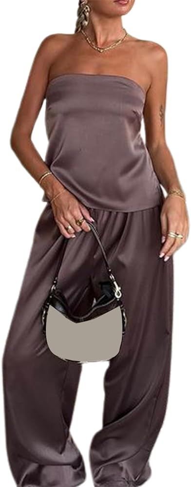 Women Satin Tube Top Pants Set 2 Piece Backless Lace Up Tube Top Wide Leg Maxi Pants Y2k Clubwear... | Amazon (US)
