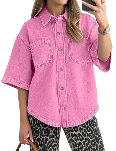 POTILI Women's Denim Shirt, Button Down Short Sleeve Jean Shirts Casual Top Outfits Trendy Pink | Amazon (US)
