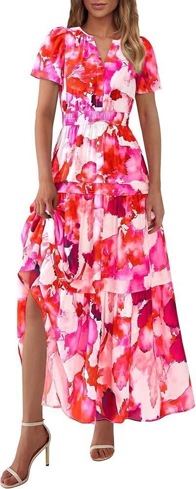 PRETTYGARDEN Women's Summer Boho Maxi Dresses Floral Short Sleeve V Neck A Line Tiered Ruffle Flo... | Amazon (US)