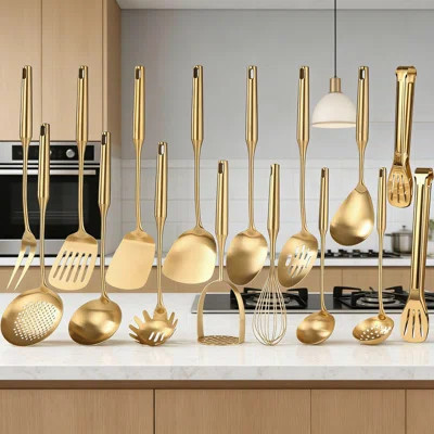 16-Piece Gold Kitchen Utensil Set - 18/10 Stainless Steel Cooking And Serving Tools With Ergonomic Hollow Handles, Includes Whisk, Tongs, Spatulas, Sp | Wayfair North America