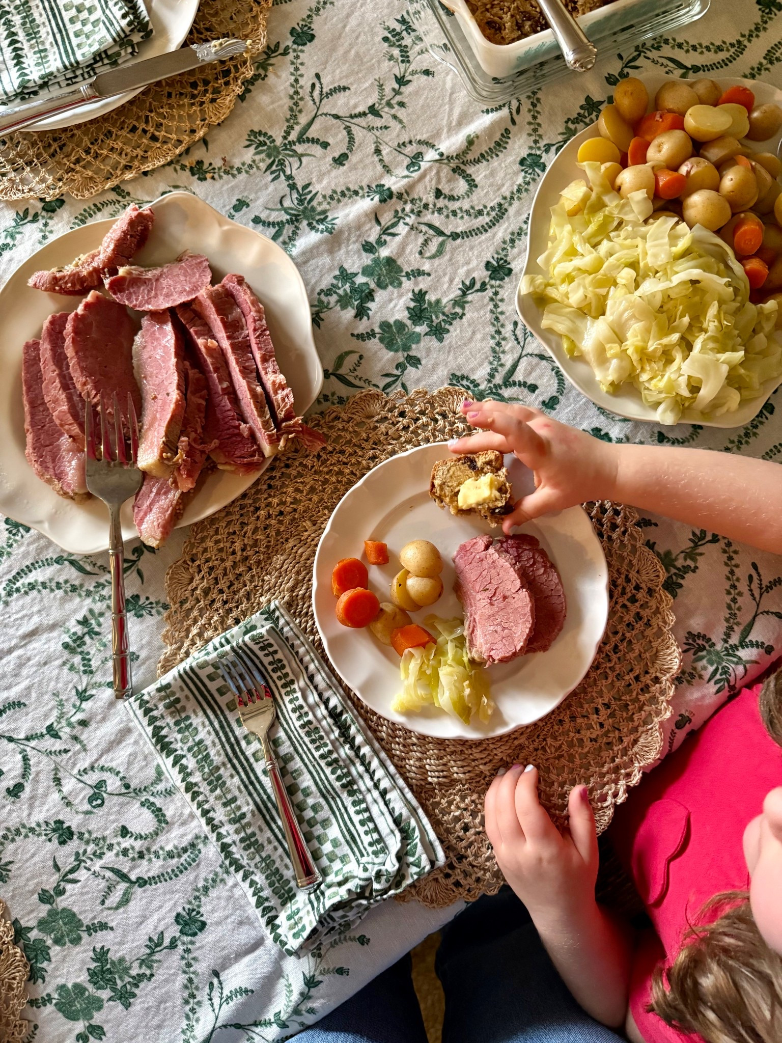 This tablecloth and napkin set was made for spring! The green floral/leaves were perfect for St. Patrick’s Day but anytime the next few months too. Linking all of our silverware and dinnerware too! ￼

#LTKHome #LTKSeasonal #LTKmomlife