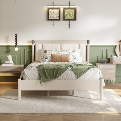 Queen Bed Frame, Solid Wood Platform Bed, Upholstered Headboard with Metal Handles, No Box Spring Needed, Beige - ModernLuxe | Target