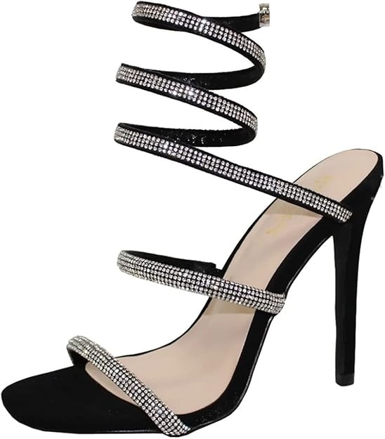 Women Rhinestone Spiral Ankle Wrap Strap High Heels Sandals | Amazon (US)