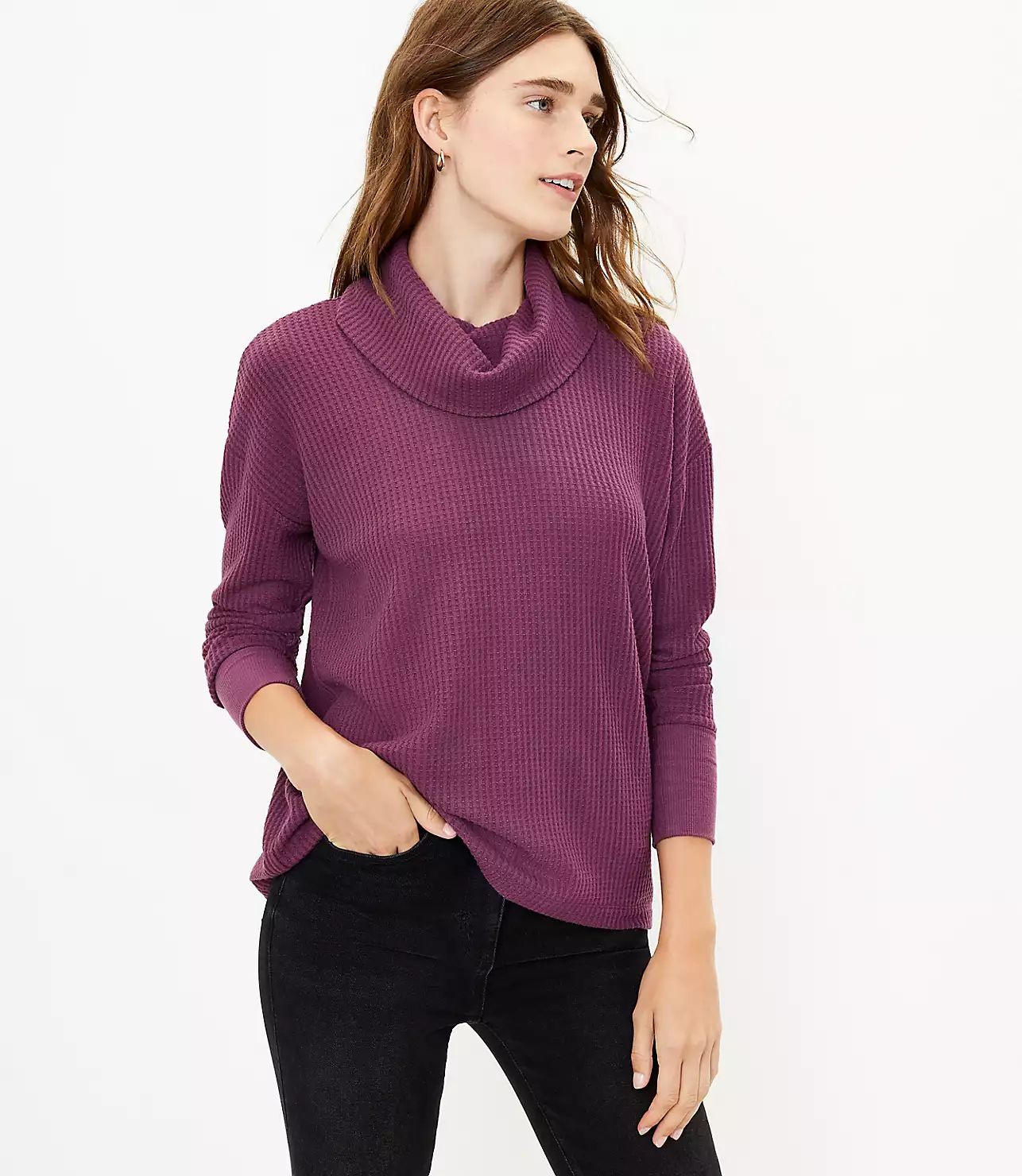 Petite Waffle Cowl Neck Tunic Top | LOFT