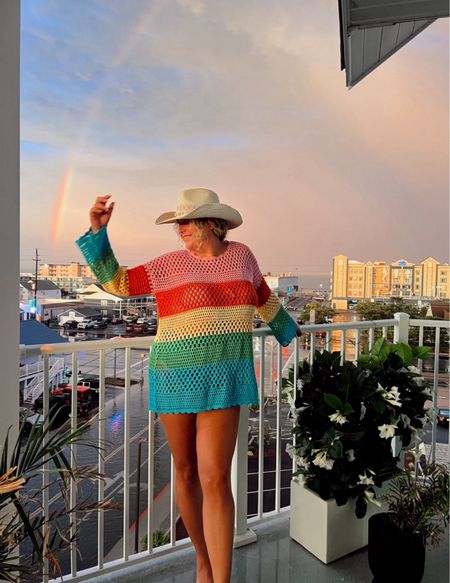 Rainbow crochet long sleeve coverup tunic from show me your mumu via revolve, perfect beach coverup, sunset vacation coverup, swimsuit coverup

#LTKMidsize #LTKSwim #LTKStyleTip