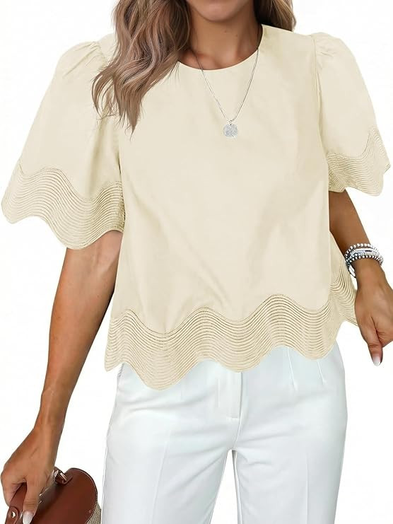 Tankaneo Womens Short Sleeve Crop Tops Summer Casual Scalloped Flowy Blouse Crewneck Ruffle Loose... | Amazon (US)