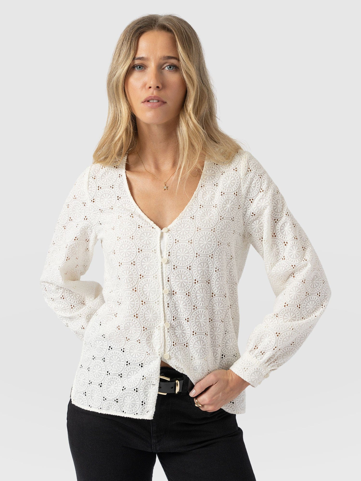 Tabitha V Neck Blouse - Cream Broderie | Saint + Sofia