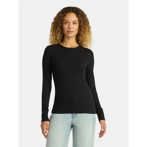 Time and Tru Women's Rib Tee with Long Sleeves, Size XS-XXXL | Walmart (US)