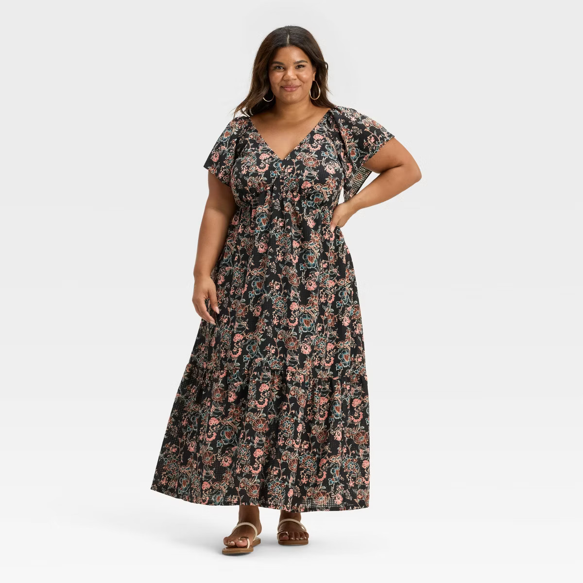 Women's Flutter Short Sleeve Maxi A-Line Dress - Universal Thread™ Black Floral | Target