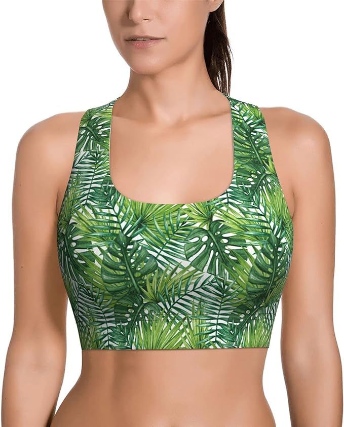 Green Palm Tree Leaves Sports Bras for Women High Impact Wirefree Workout Yoga Tops | Amazon (US)