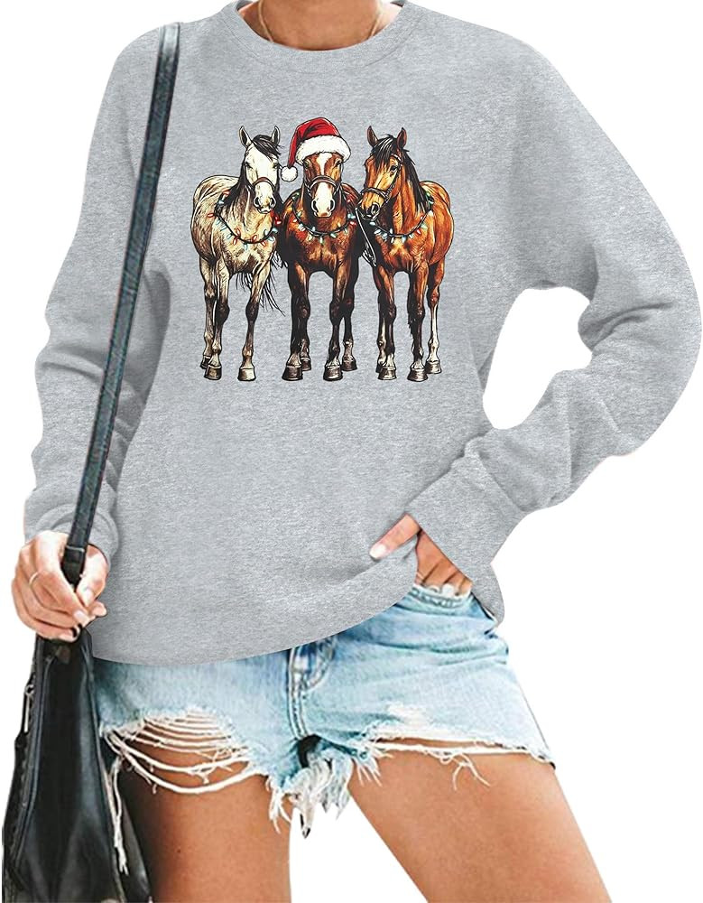 KIDDAD Horse Christmas Sweatshirt Women Western Christmas Horse Lover Shirt Cute Animal Pullover ... | Amazon (US)