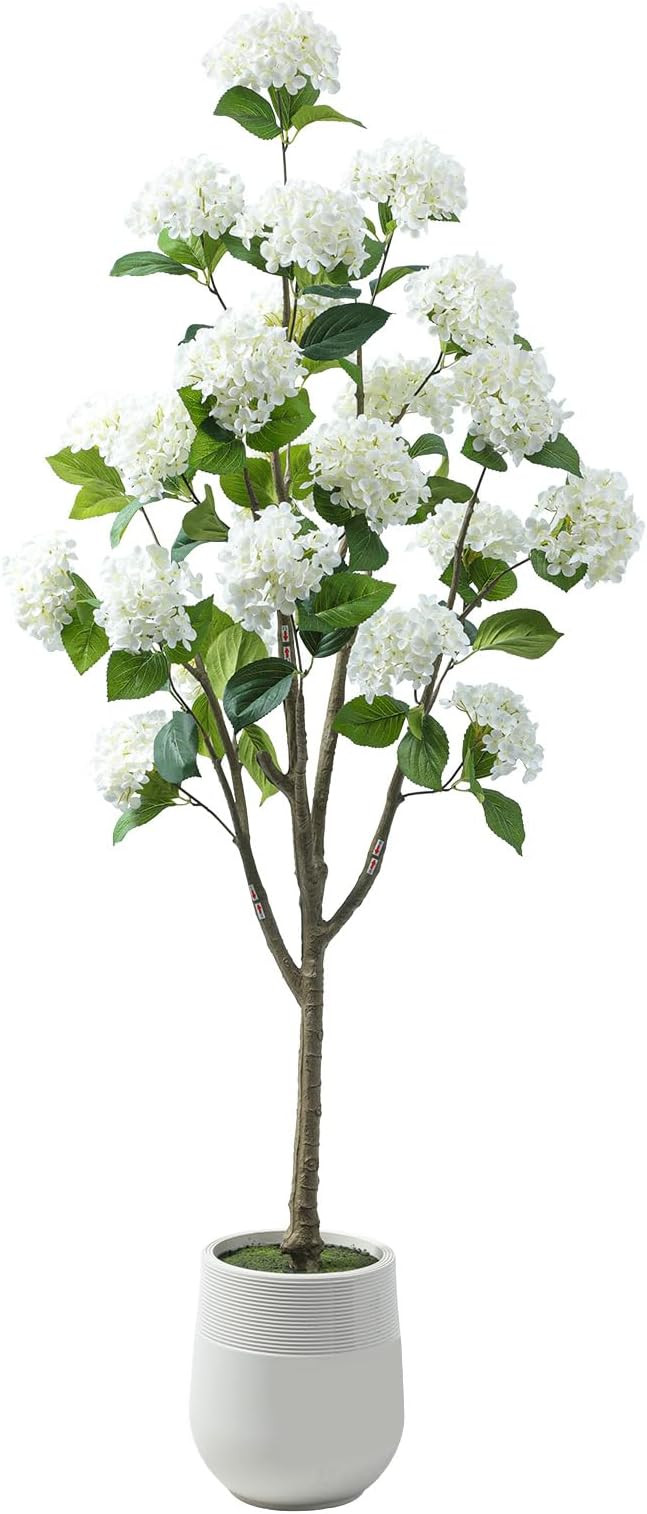 6ft Faux Hydrangea Flower Tree with White Blooms and Green Leaves. 72in Artificial Tree with Whit... | Amazon (US)