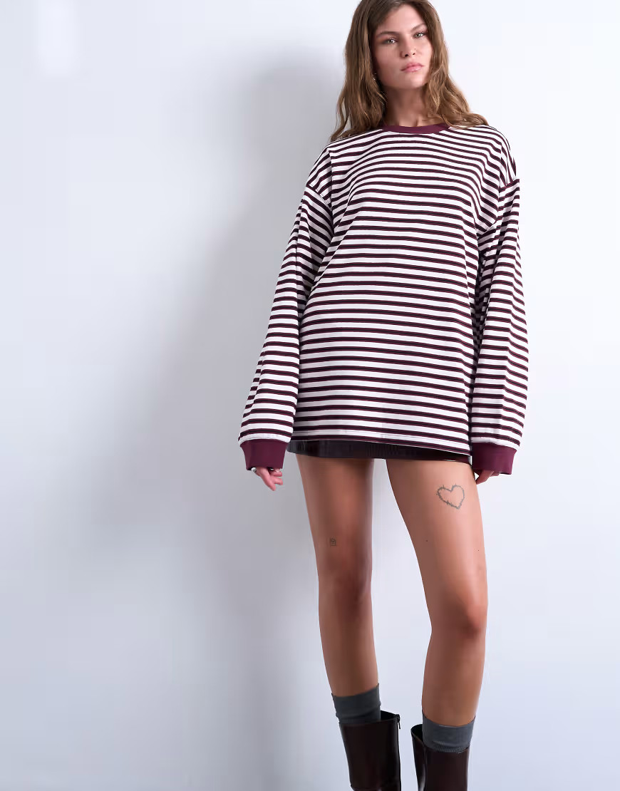 Topshop stripe long sleeve slouchy skater tee in burgundy-Red | ASOS (Global)