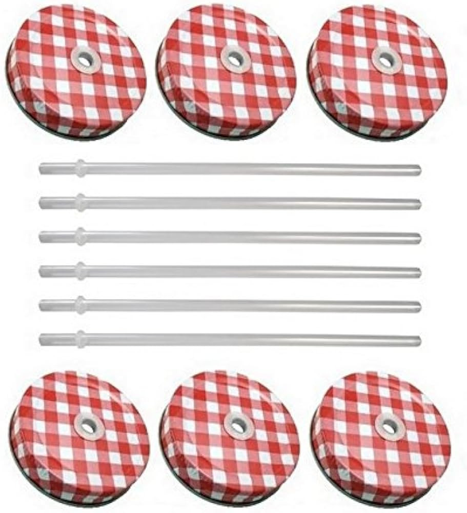Mason Jar Lids with Straws 6 Pieces (Red Gingham Lids - Clear Straws) | Amazon (US)