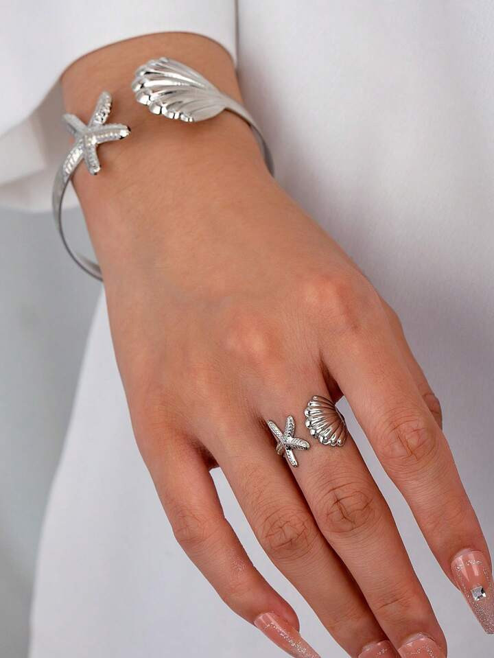 1pc Seastar Shell Metal Bangle + 1pc Adjustable Open Ring Beach Vacation Style Retro Fashion Gift... | SHEIN