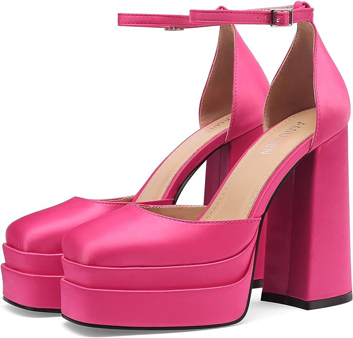 amiuwen Women Platform Pump Sandals,5" Chunky Block Heel,Ankle Strap Buckle,Closed Square Toe,Par... | Amazon (US)