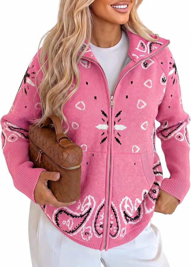 Cardigan With Bandana Patterns, Long Sleeve, Zipper Cardigans With Side Pockets, Fall Clothes, Li... | Amazon (US)