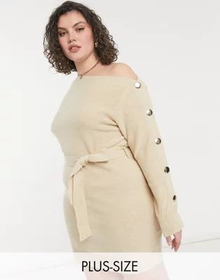 Outrageous Fortune Plus knitted slash neck button sleeve pencil dress with belt in cream | ASOS (Global)