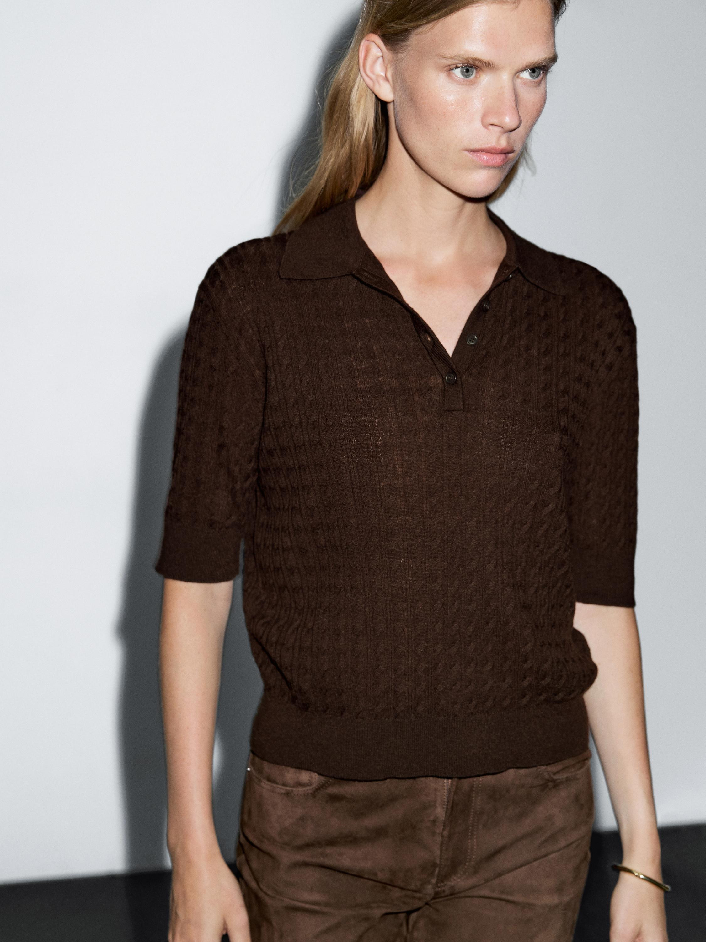 Wool blend cable-knit polo shirt | Massimo Dutti US