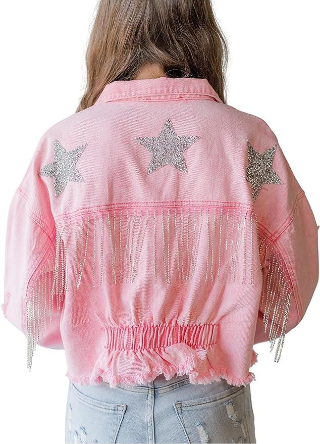 Esmeling Womens Cropped Sparkling Rhinestone Fringe Jean Jacket Glittering Star Denim Jacket | Amazon (US)