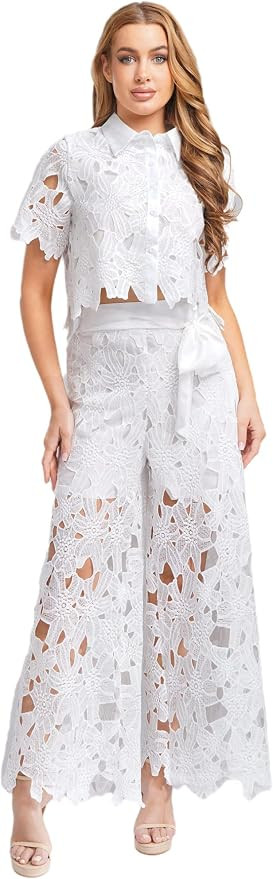 renvena Womens Chiffon Lace Outfit Floral Hollow Out Button Shirt Top Wide Leg Belted Pants 2 Pie... | Amazon (US)