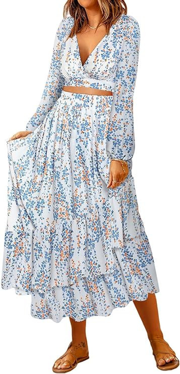 Dokotoo Women's Boho Dress Deep V Neck 2 Piece Outfits Long Puff Sleeve Skirt Sets Tie Waist Wrap... | Amazon (US)