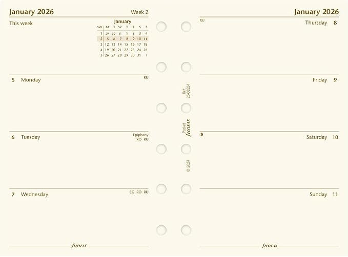 Filofax Calendar Diary Refill, Pocket Size, Week-to-View, Cotton Cream Paper, Unruled, English, 2... | Amazon (US)