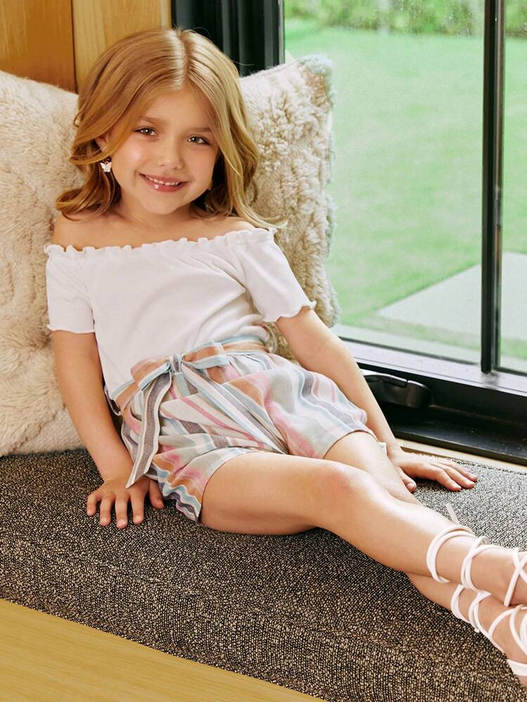 SHEIN X Madison Toddler Girls 1pc Striped Print Off Shoulder Lettuce Trim Belted Romper
       
 ... | SHEIN