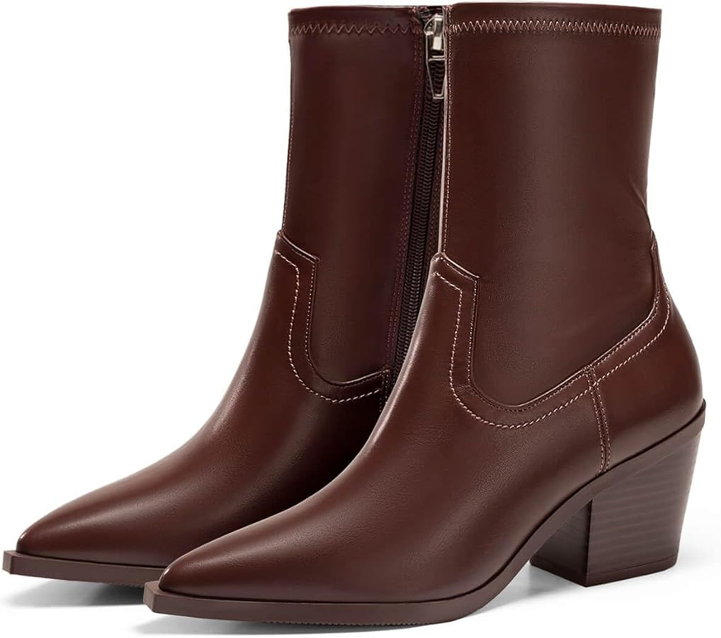 Coutgo Womens Pointed Toe Ankle Boots Chunky Stacked Heel Side Zipper Leather Fall Booties Shoes | Amazon (US)