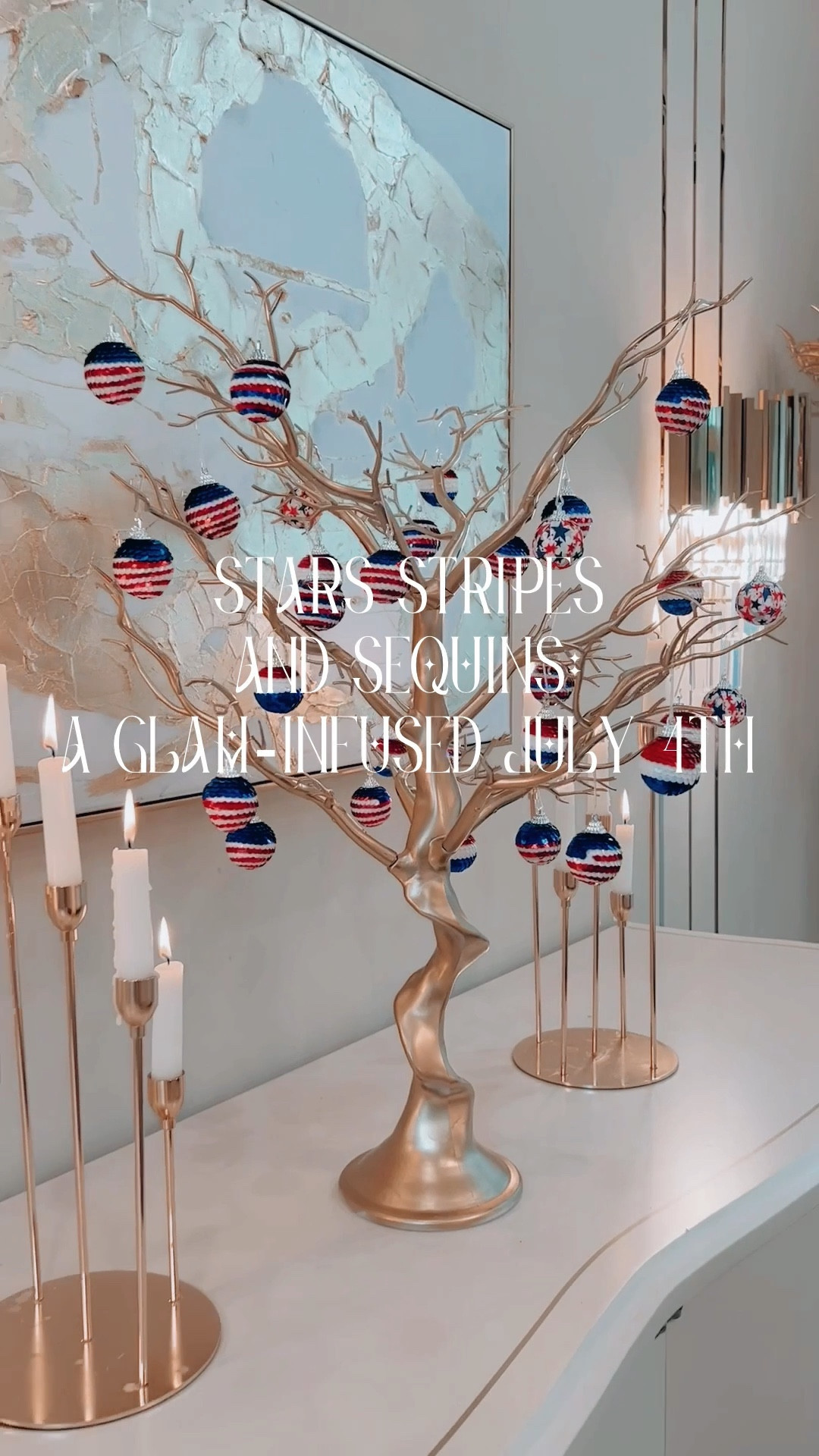 

In the midst of planning for an upcoming Independence Day gathering, an idea sprang to mind, filled with flair and sparkle. Why not take my existing golden tree - a delightful piece acquired during Easter, mind you - and style it into my very own, glamorous Liberty Tree?

You may recall, if you've been following along, a certain video back in April where I meticulously transformed an ordinary tree into a golden spectacle. It was begging for its next transformation! I stumbled upon these lovely sequined flag ornaments, and thought they were just the ticket. 

Strategically placed in my dining room, in proximity to some softly glowing candles, the tree indeed became a magical, radiant centerpiece. It's a simple yet high-impact idea that I have a sneaky suspicion you might fall head over heels for!

So, should you feel inspired and decide to recreate this, I'd absolutely love to see your take on it. To make it easier for you, I've put together all the items used for this project on my LTK page. Happy decorating!

#LTKSeasonal