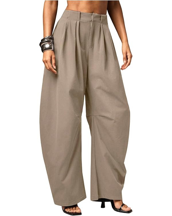 GORGLITTER Barrel Leg Baggy Trousers Women Pleated High Waisted Dress Pants Vacation Office Casua... | Amazon (UK)
