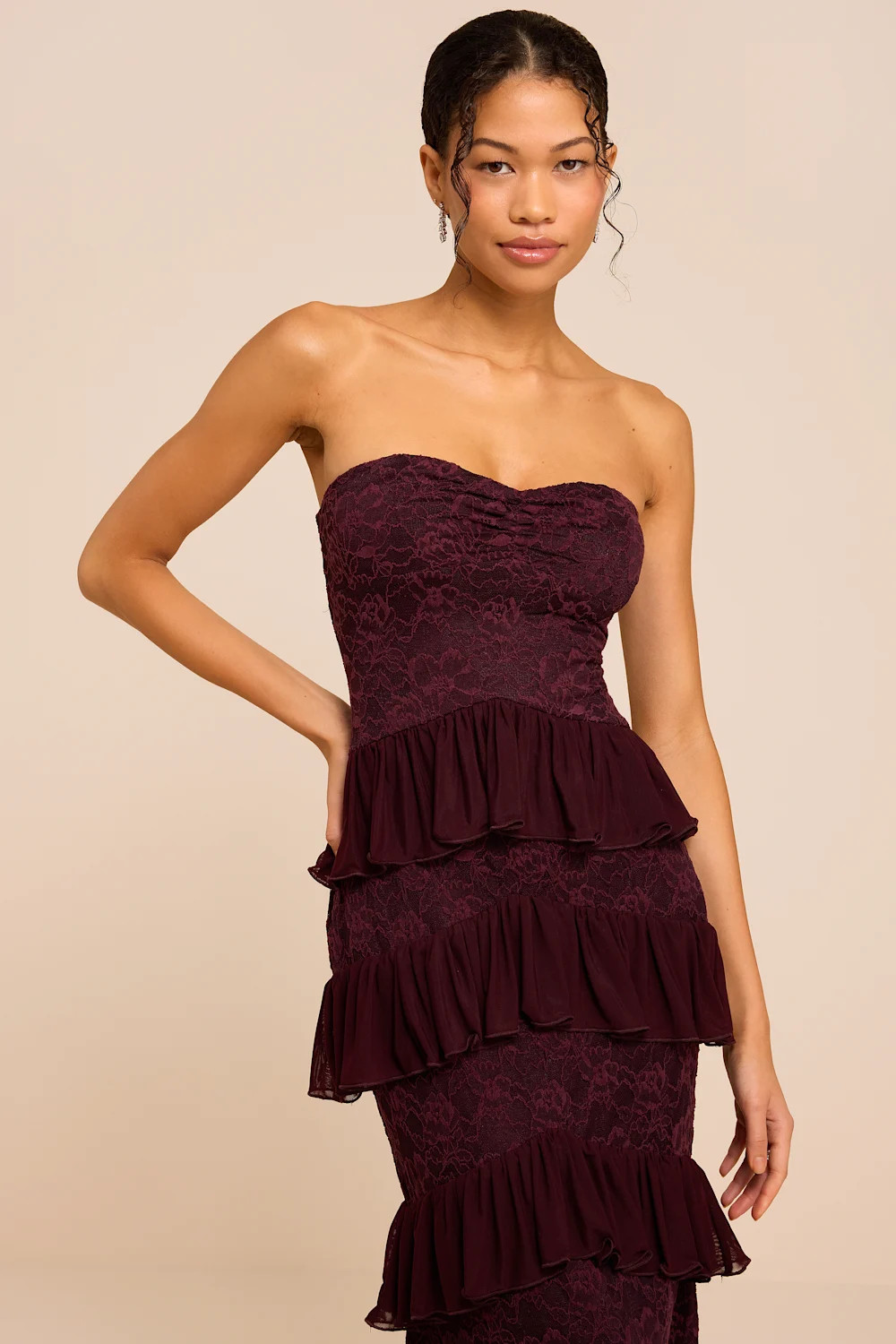 Mariena Plum Lace Tiered Midi Dress | Lulus