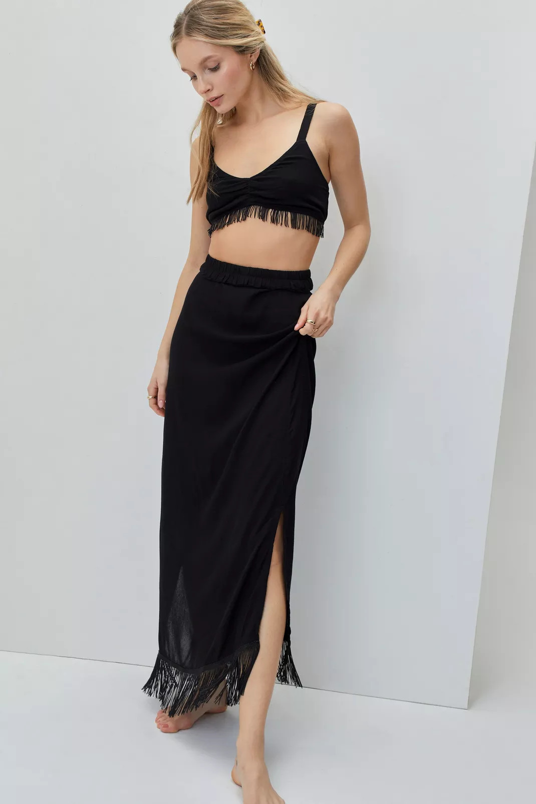 Fringed Crinkle Bralette And Maxi Skirt Set | Nasty Gal (US)