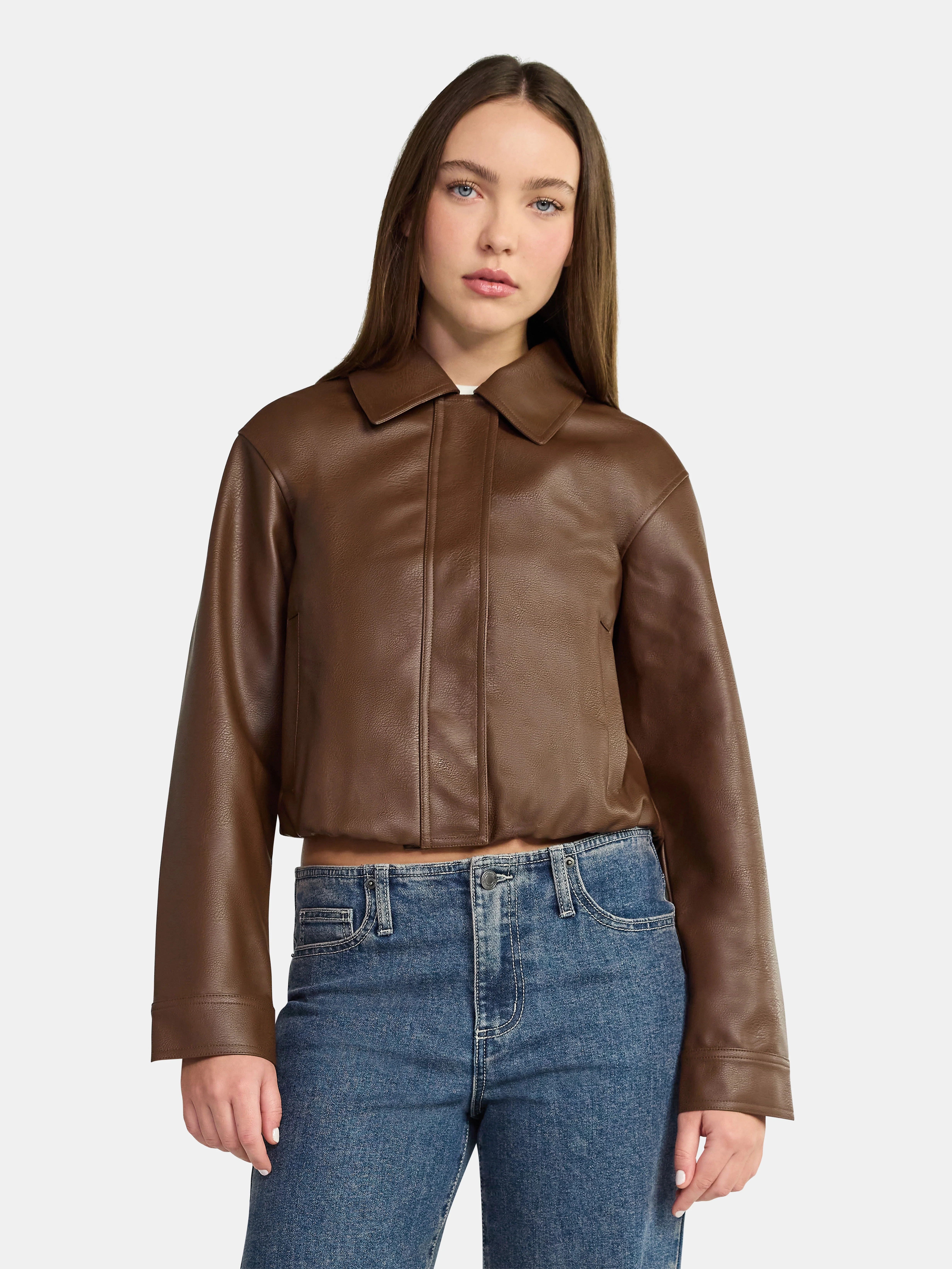 No Boundaries Bubble Hem Faux Leather Bomber Jacket, Women's | Walmart (US)
