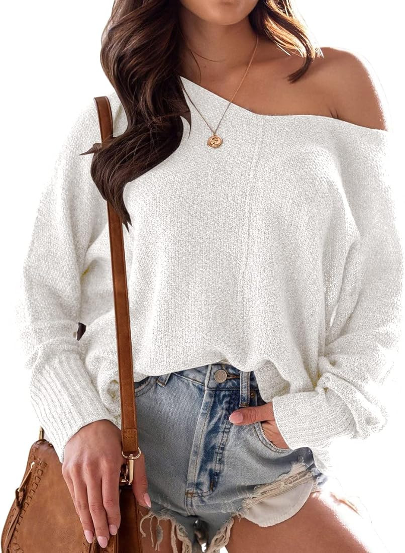 ZIWOCH Womens Oversized Off The Shoulder Tops V Neck Long Sleeve Loose Lightweight Pullover Sweaters | Amazon (US)