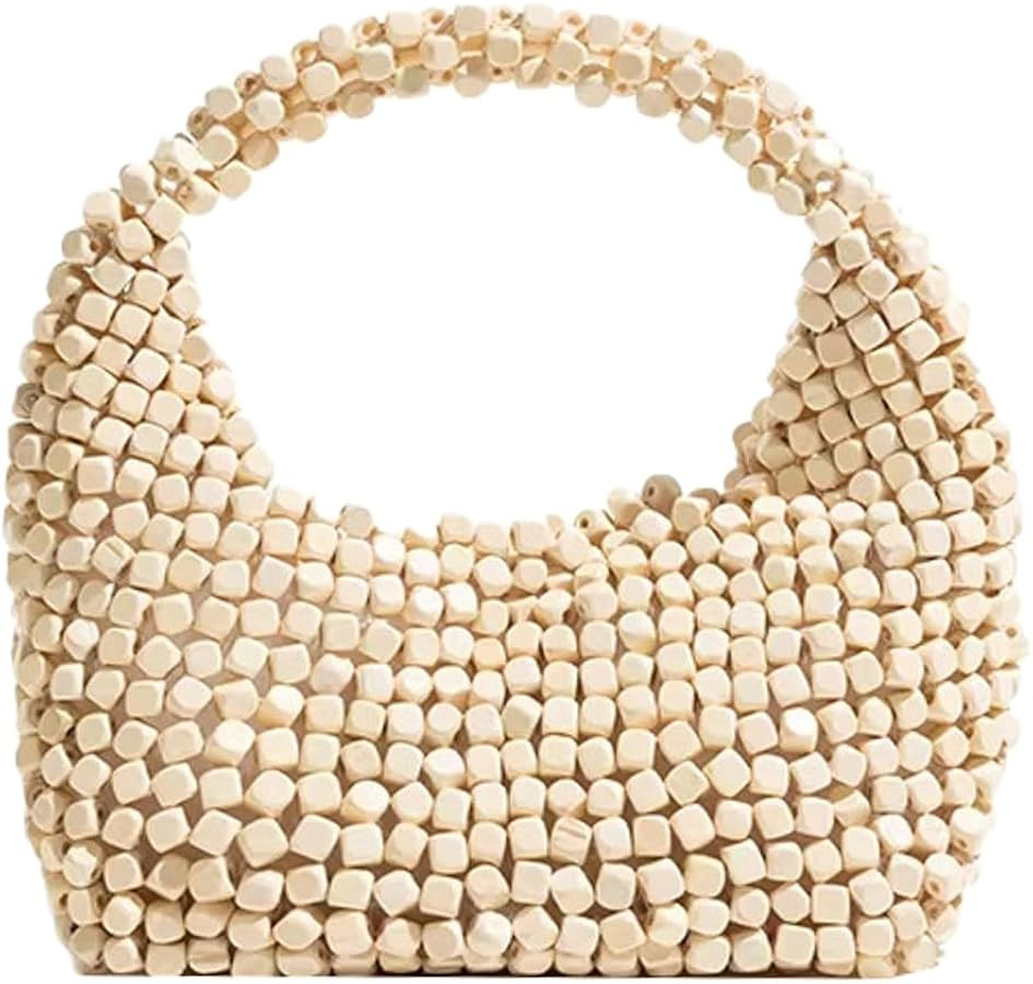 Wooden Beaded Clutch Purses Women Handmade Crescent Shoulder Handbags Small Beaded Hobo Tote Vint... | Amazon (US)