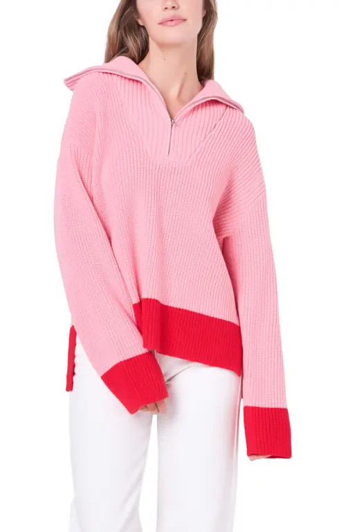 English Factory Contrast Quarter Zip Sweater in Pink/Red at Nordstrom, Size X-Small | Nordstrom