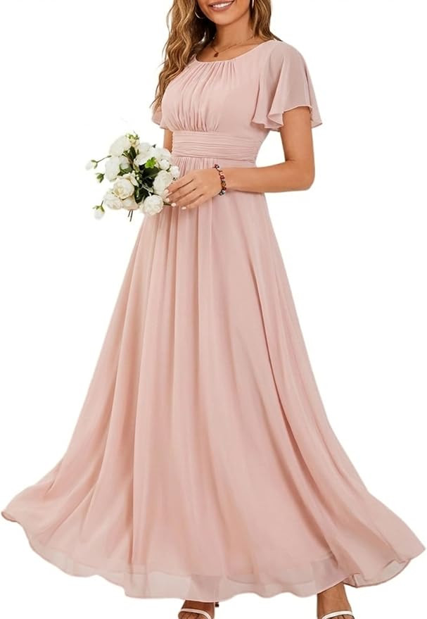 Ever-Pretty Women's Spring Elegant Round Neck Short Sleeve Chiffon Empire Waist Floor Length Form... | Amazon (US)