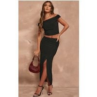 Black Slinky Low Rise Split Front Midaxi Skirt | PrettyLittleThing UK