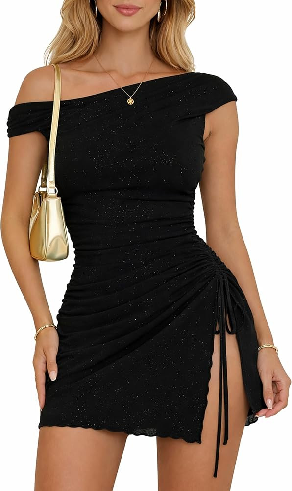 GOKATOSAU Women's Sexy One Off Shoulder Sleeveless Mesh Ruched Split Drawstring Mini Party Dress | Amazon (US)