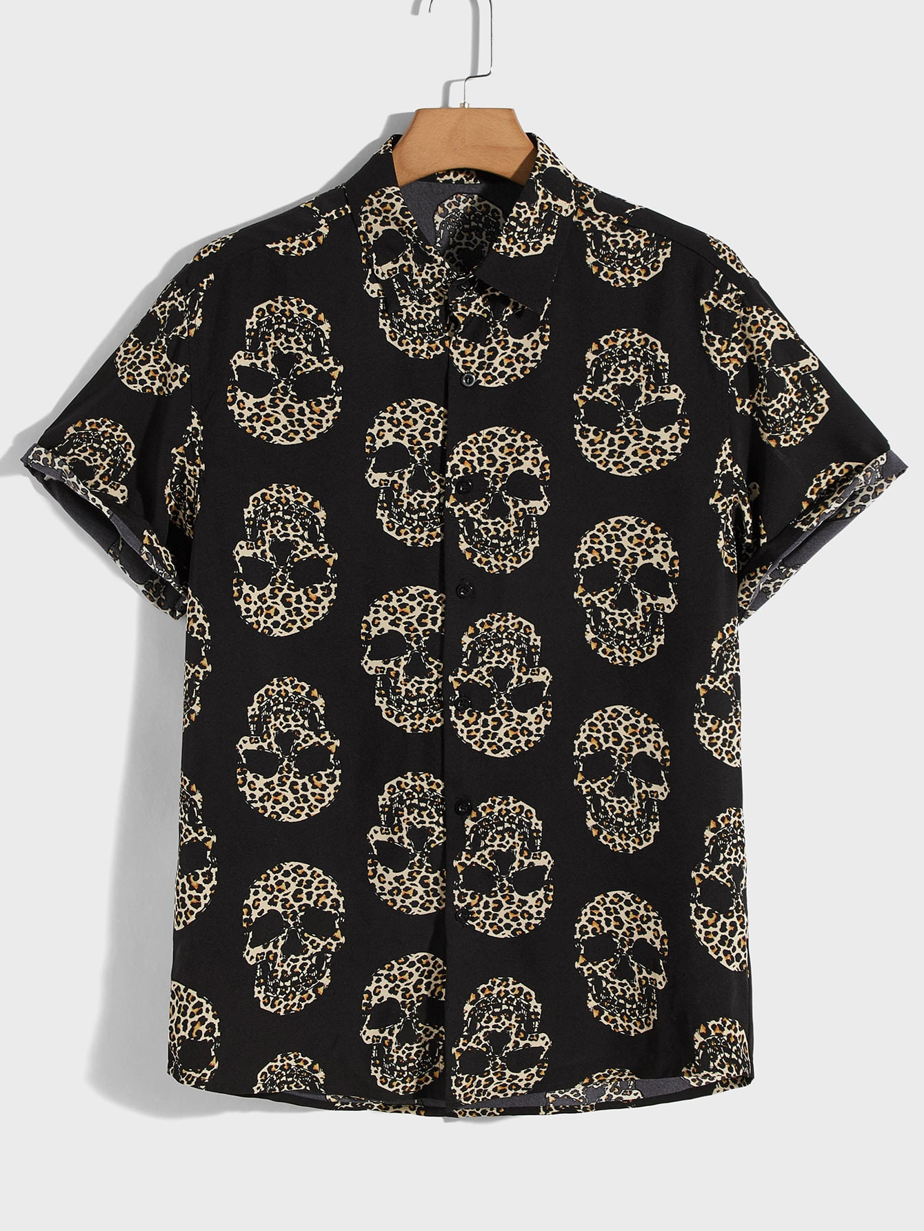 SHEIN Men Skeleton & Leopard Print Roll Up Sleeve Shirt | SHEIN