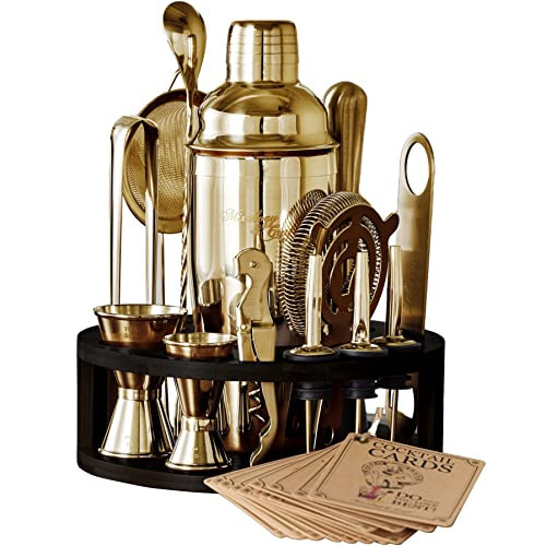 Mixology & Craft Bartender Kit – 15-Piece Cocktail Shaker Set with Bar Tools, Premium Stainless Steel Drink Mixer Accessories for Home Bar, Includes Bamboo Stand, Plus Exclusive Recipe Cards (Gold) | Amazon (US)