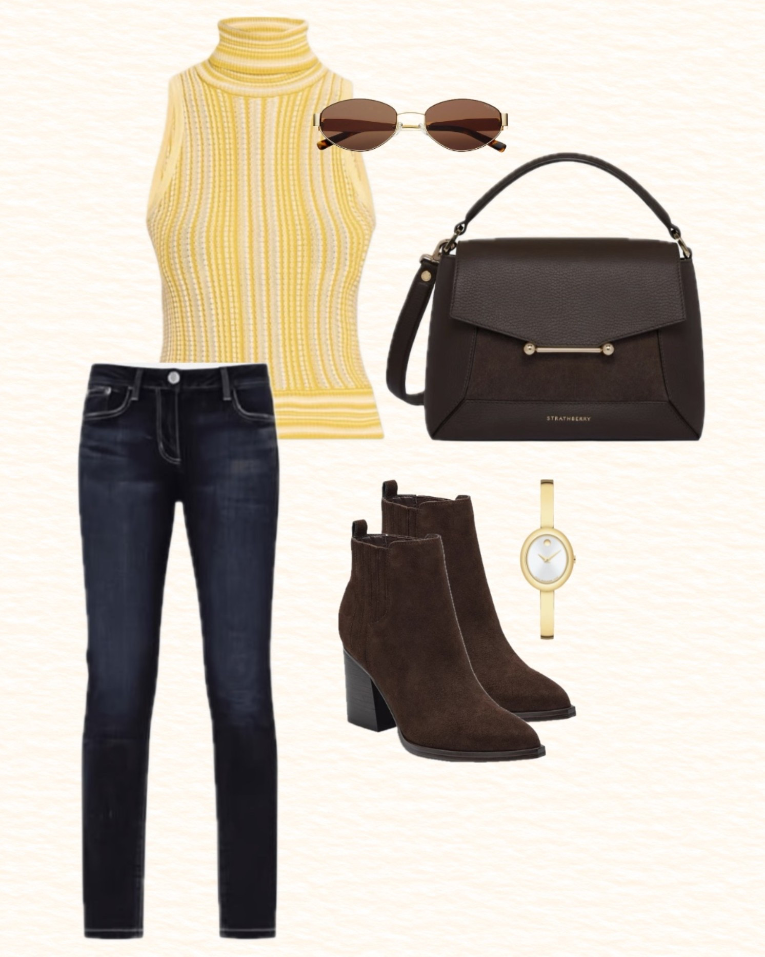 A summer into fall outfit I’m so excited to wear. This dark brown leather and suede bag and suede booties are new additions to my closet for autumn. The yellow tank and dark wash skinny jeans pair together great with any accessories, and the gold watch and sunglasses are cherries on top.

#LTKootd #LTKdayinmylife #LTKSeasonal