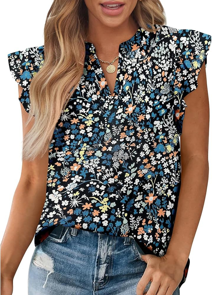 Zenlonr Womens Dressy Casual Tops 2025 Summer Ruffle Cap Sleeve V Neck Shirts Boho Floral Blouses... | Amazon (US)