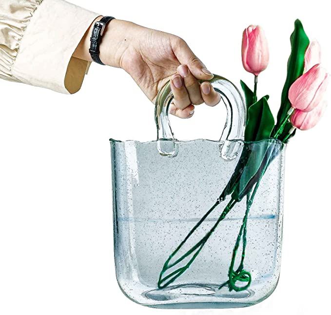 OLEEK purse vase for flowers (handmade) blue glass bag vase -10 Inches- Clear , cool & cute vase ... | Amazon (US)