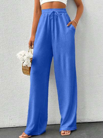 SHEIN Tall Summer Solid Color Beige High Waist Drawstring Waist Linen Look Wide Leg Pants | SHEIN