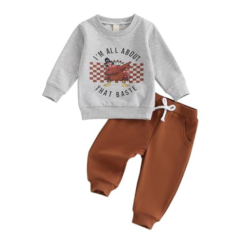 Amnnchya Toddler Baby Boy Thanksgiving Outfit Turkey Long Sleeve Sweatshirt Pants My First Thanksgiving Baby Boy Outfit (Gray, 3-4T) | Amazon (US)