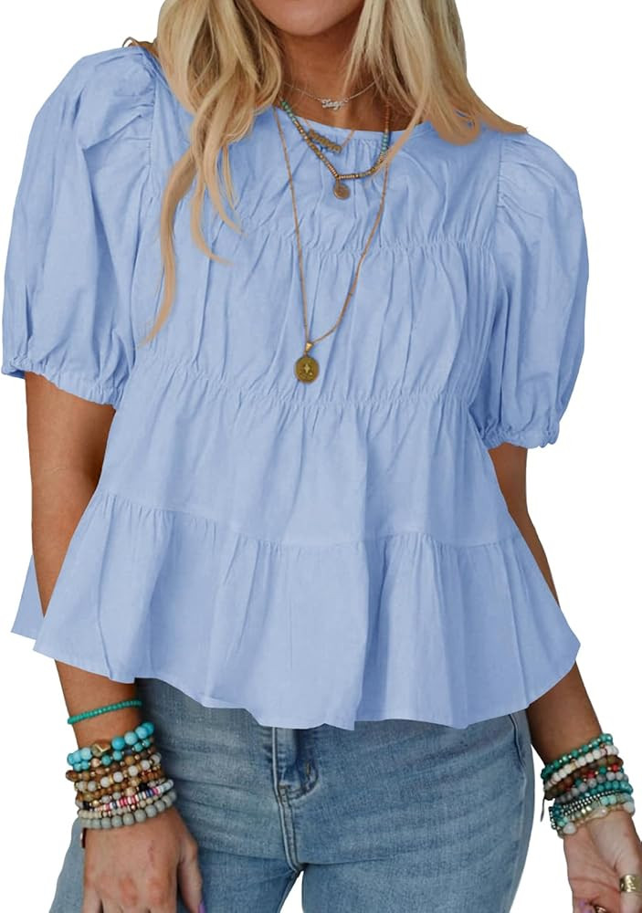 Tankaneo Womens Puff Sleeve Peplum Babydoll Tops Summer Smoked Pleated Cotton T-Shirts Casual Loo... | Amazon (US)