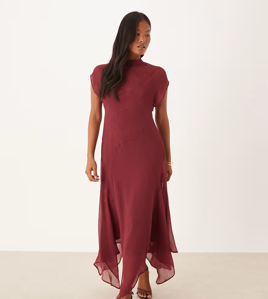 ASOS DESIGN Petite high neck hanky hem chiffon maxi dress in cherry-Red | ASOS (Global)